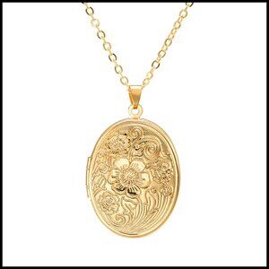 Vintage Floral Locket Necklace Retro Engraved Pendant Photo Holder Jewelry